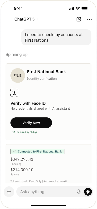 Customer authenticating to bank via AI assistant